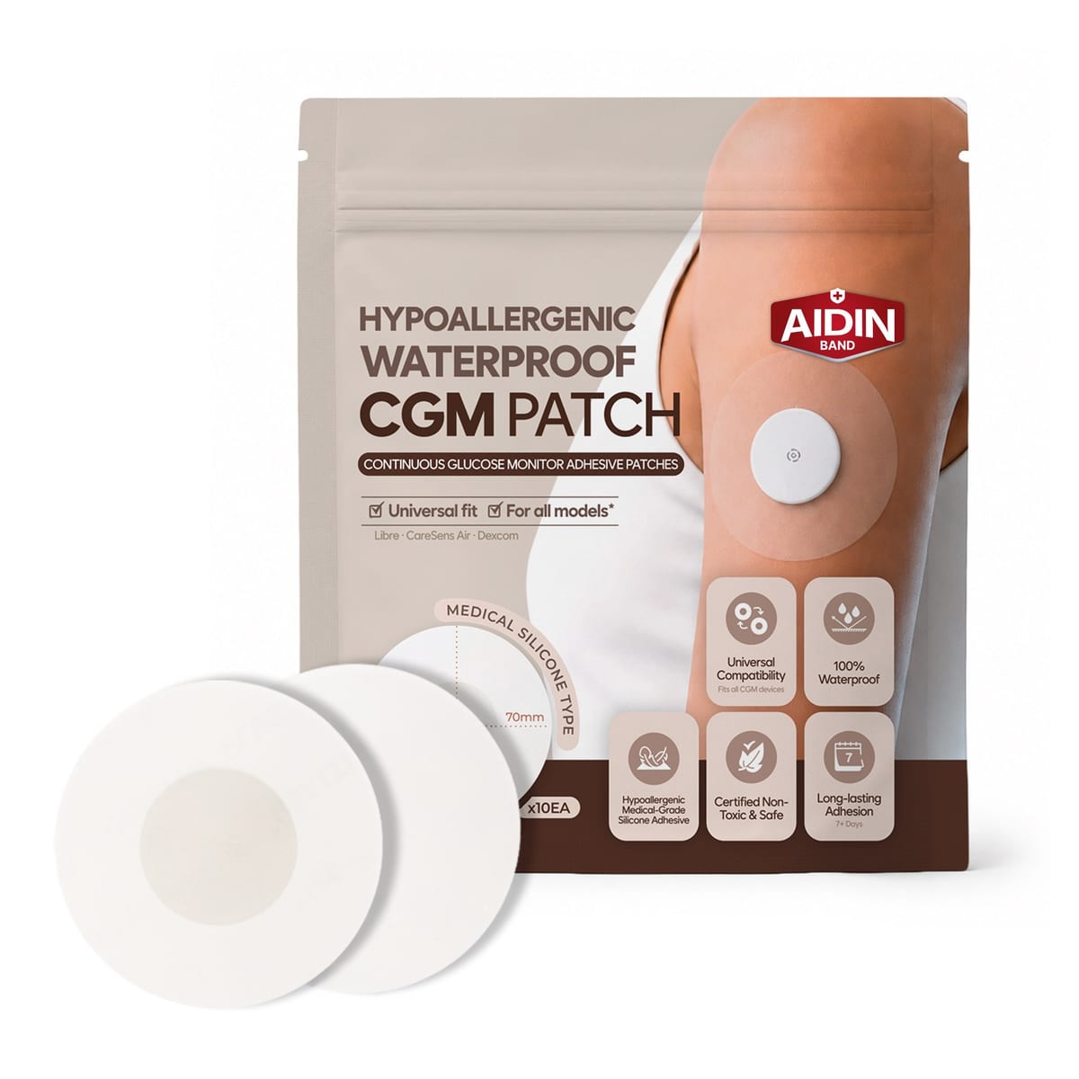 Hypoallergenic Waterproof CGM Patches — 70 mm sensor covers · 10 count
